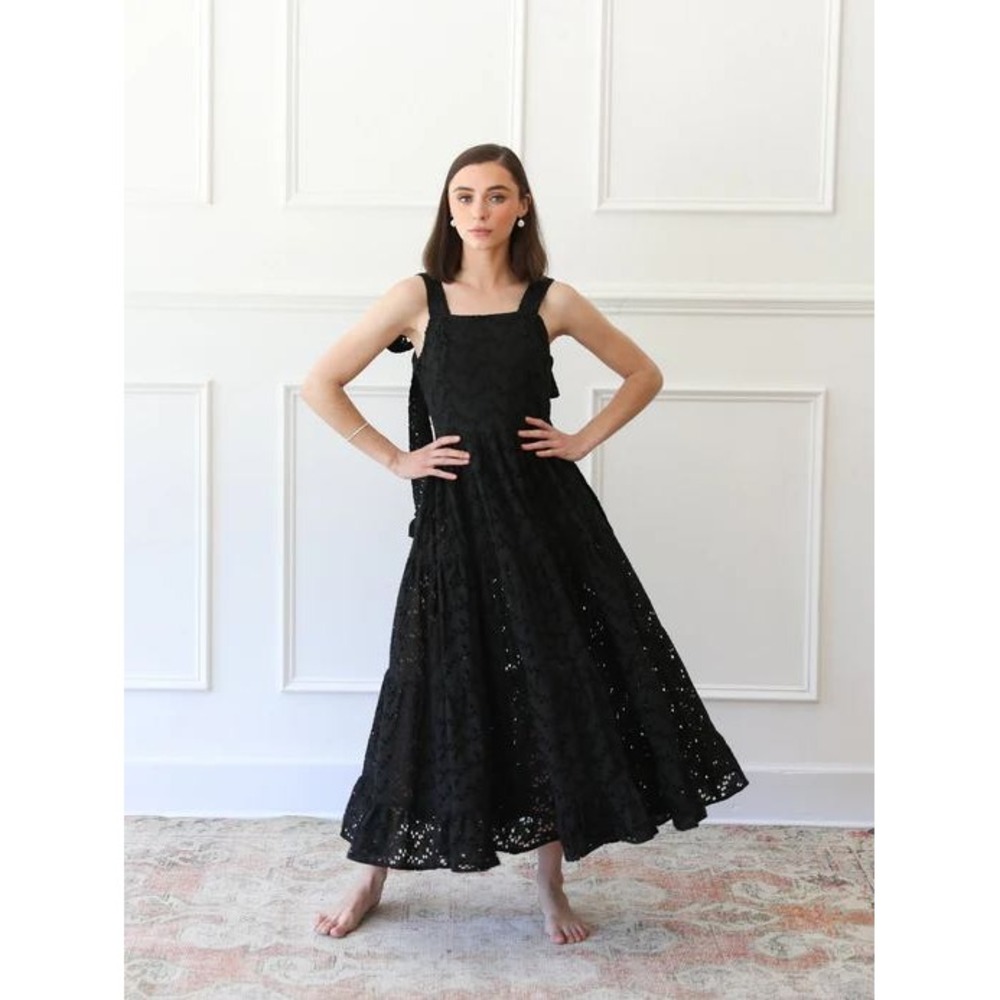 Mille Resort Travel SZ S Black Crochet Maxi Tie Sleeve Tiered Boho Eyelet